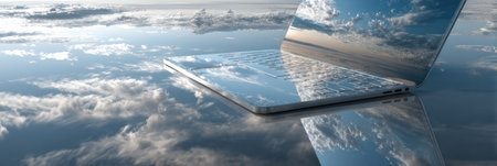 A sleek laptop with transparent sticker designs sits on a smooth, reflective surface, mirroring a serene white sky with scattered clouds.の素材