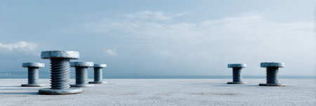Several construction anchor bolts are positioned on a flat surface under a clear sky, with a serene background suggesting a coastal area.の素材
