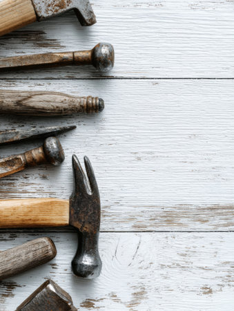 Various hammers and nails are arranged on rustic wood, creating a clean and inspiring setup perfect for DIY enthusiasts engaged in home improvement.の素材