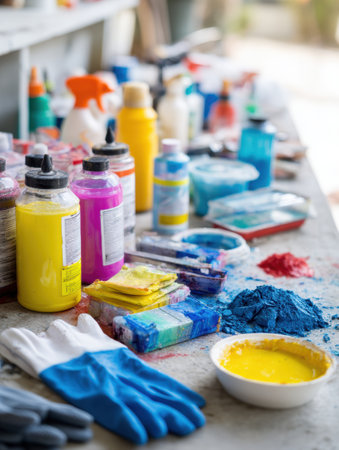 A workbench is filled with colorful construction chemicals, paint containers, and scattered gloves, showing a lively creative workspace.の素材