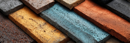 Decorative brick samples in various colors create a striking diagonal arrangement, showcasing design options against a bright, open sky.の素材