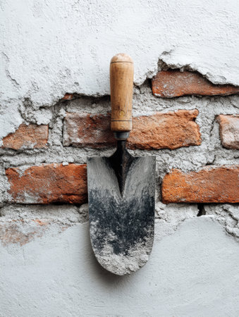Flatlay features a masonry trowel resting against a rustic brick wall with clean margins, representing construction work and renovation activities.の素材