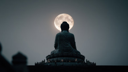 A serene Buddha statue is illuminated by the bright full moon in a peaceful night sky, creating a moment of reflection and tranquility.の素材