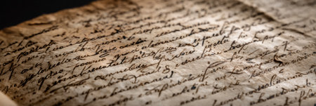 Hand-written scripture from the Vatican archive reveals detailed calligraphy on aged parchment, illuminated by soft light in a serene setting.の素材