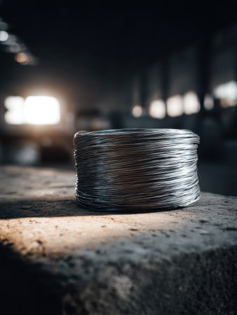 A coil of steel wire sits prominently on a rough industrial table under soft side lighting, showing its smooth metallic surface in a manufacturing space.の素材
