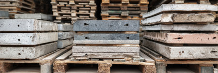 Rows of paving tiles are stacked neatly on pallets, with the upper third left open to reveal their color and texture. Organized in a storage setting.の素材
