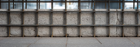 Concrete blocks are arranged meticulously with a steel mesh backdrop visible in an urban environment, illuminated by daylight from above.の素材