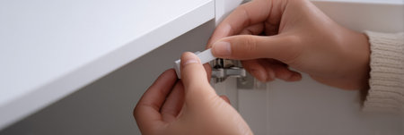 Parent is carefully installing a safety lock on a kitchen cabinet to prevent access to potentially harmful items, enhancing child safety measures.の素材