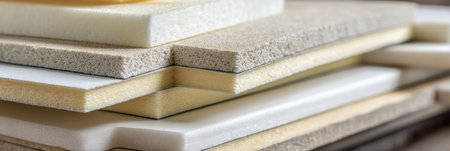 Set of foam insulation boards stacked in layers within a workspace, showing the texture and thickness of the materials, with the top third left open.の素材