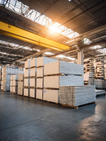 Stacks of drywall panels are neatly organized on pallets within a spacious industrial warehouse, illuminated by natural sunlight filtering through the roof.の素材