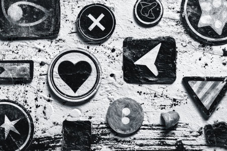 Monochrome sticker icons are arranged artistically over a grunge texture background, showing a blend of creativity and contemporary graphic design.の素材