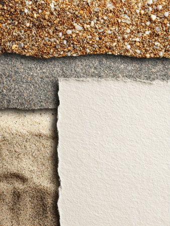 Different textures of sand and crushed stone blend harmoniously, framed by a clean white margin, evoking a sense of nature and simplicity in designの素材