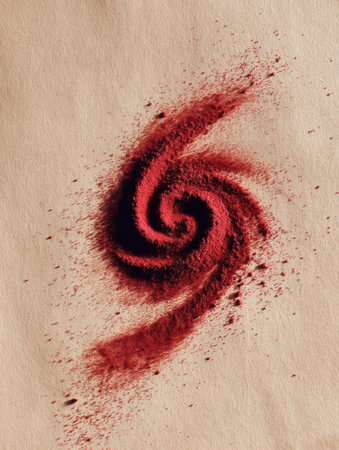 A vibrant swirl of red sindoor powder decorates a beige background, highlighting intricate patterns and traditional artistry.の素材