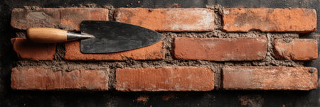 A trowel lies atop a partially constructed brick wall, showcasing the mortar used for binding bricks together. This scene captures the essence of masonry work.の素材