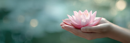 Close-up view of hands gently offering a beautiful pink lotus flower, symbolizing purity and tranquility in a calm setting with soft lightingの素材