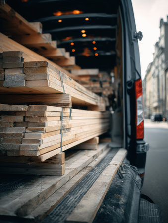 Wood planks fill a logistics van parked on a city street, with ample space available above the stacked materials, showcasing a busy day.の素材