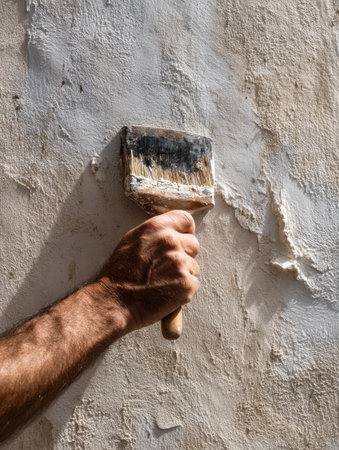 Close-up of a textured wall plaster being applied with a trowel, highlighting the craftsmanship and technique involved in wall finishing tasks.の素材