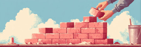 Hands carefully stacking bricks to create a structured wall, showcasing essential techniques for beginners in a clean, colorful environment under a sunny skyの素材