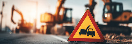 Construction work is taking place with a road under repair sign in the foreground and heavy machinery operating in a nearby area during daylight hours.の素材