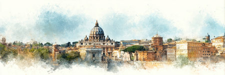 Soft watercolor depiction captures the majestic dome of the Vatican, surrounded by historic buildings, creating a peaceful ambiance in a beautiful setting.の素材