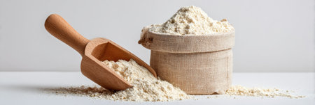 A natural sack filled with dry mix sits beside a wooden measuring scoop, surrounded by scattered contents on a clean surface, ideal for cooking.の素材