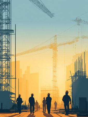 Silhouetted construction workers walk through an active site with cranes towering in the background as the sun sets, illuminating the evening sky.の素材