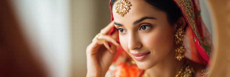 Bride delicately applies sindoor while gazing into a mirror, showcasing her beauty and grace during a traditional wedding celebration in soft lighting.の素材