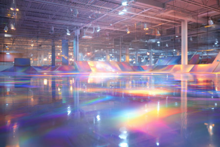 Colorful holographic sticker mockups brighten a spacious indoor area, enhancing the vibrant atmosphere of the attraction with sky zone lights.の素材