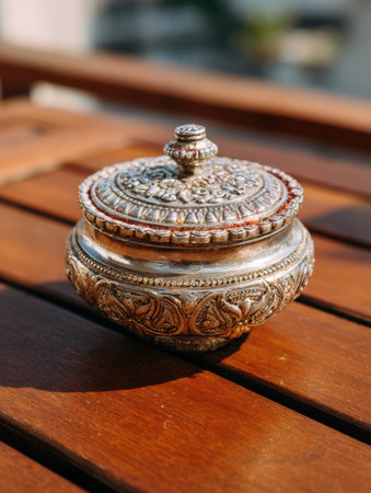 A beautifully crafted silver box for sindoor rests on a wooden table, surrounded by a serene atmosphere and a clear blue sky in the background.の素材