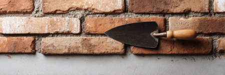 Flatlay arrangement of a brick wall and a trowel, highlighting the tools and materials used in masonry work, suitable for construction projects and DIY tasks.の素材