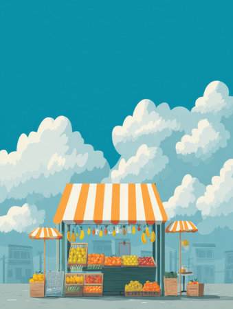Brightly colored fruit stand offers a variety of fresh produce beneath fluffy clouds in a spacious blue sky, inviting visitors to enjoy the market experience.の素材
