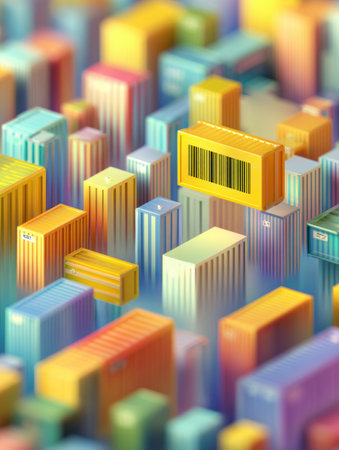 Intricate arrangement of colorful isometric cargo boxes with barcodes sets a lively tone in a vibrant packing context, highlighting modern shipping.の素材