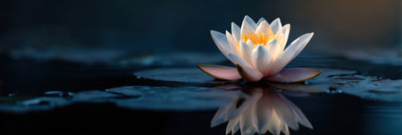 A serene lotus flower floats gracefully on moonlit water, creating a peaceful atmosphere with the calm reflection and an open upper space.の素材