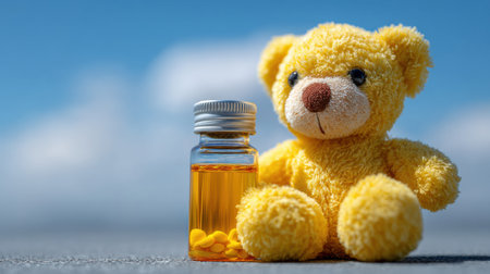 Close-up view of a bottle filled with medicine beside a yellow teddy bear on a surface, highlighting potential dangers in areas where children playの素材