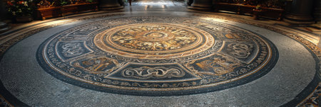 Intricate mosaic icons adorn the center zone of the Vatican basilica floor, showcasing faded but remarkable historical artistry and design elements.の素材
