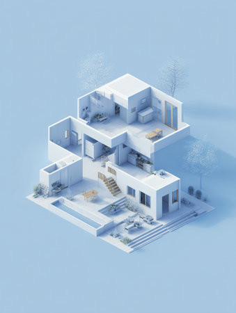 Explore the detailed 3D isometric model illustrating modular home construction, featuring distinct areas ideal for personalization and modern living conceptsの素材