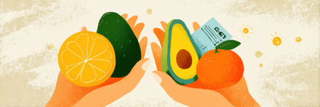 Hands are holding a bright avocado and a juicy orange alongside a receipt icon, showcasing the connection between healthy choices and responsible shoppingの素材