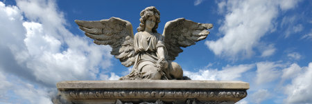A detailed angel sculpture, with wings spread, guards an ornate entrance gate against a backdrop of a bright blue sky and fluffy white clouds.の素材