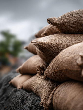 Several sandbags are arranged in a pyramid shape at a construction site, partially obscured by a blurred background, under a cloudy sky.の素材