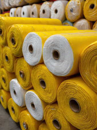 Brightly packaged insulation rolls are organized in a warehouse, showcasing a vibrant display for potential buyers in the construction industry.の素材