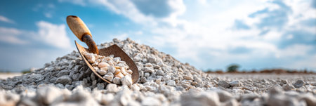 A shovel rests on a pile of gravel, hinting at ongoing construction work, with a clear sky and a blurred background suggesting a serene environment.の素材