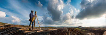 A surveyor stands with a measuring tripod on a construction site, observing the landscape under a clear sky filled with clouds during late afternoon.の素材