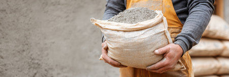 A worker in an apron holds a large bag of dry cement mix, preparing for mixing at a bustling construction site under clear skies during the daytime.の素材