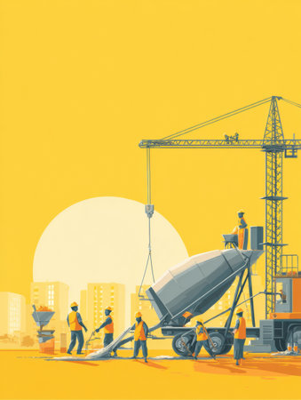 Group of workers actively pouring cement from a mixer while a crane operates above on a construction site against a vibrant yellow backdrop.の素材