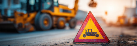 Repair sign indicates construction work ahead while blurred machinery operates in the background, signaling ongoing urban development activity in the afternoon.の素材
