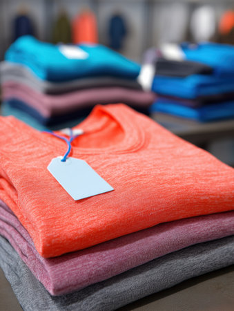 Colorful fitness apparel neatly arranged and folded, showcasing tags in a retail environment designed for activewear shopping.の素材