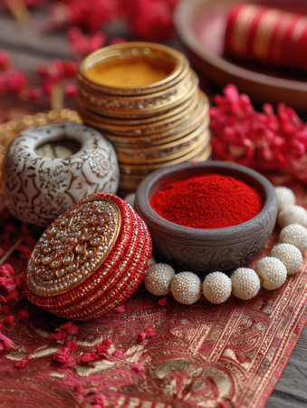 Decorative objects like sindoor and colorful bangles are elegantly arranged on intricate fabric, highlighting cultural significance and traditional artistry.の素材