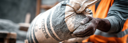 A construction worker grips a bag of dry cement mix, preparing for the next stage of work at a busy construction site.の素材