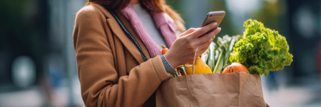A woman is holding a grocery bag filled with fresh vegetables and fruits while looking at her phone in a lively outdoor environment on a sunny day.の素材
