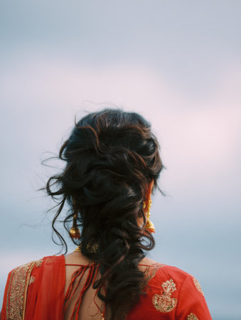 Bridal hair styled elegantly with sindoor seen from behind, framed by a gentle sky, evoking the spirit of celebration and cultural beauty.の素材